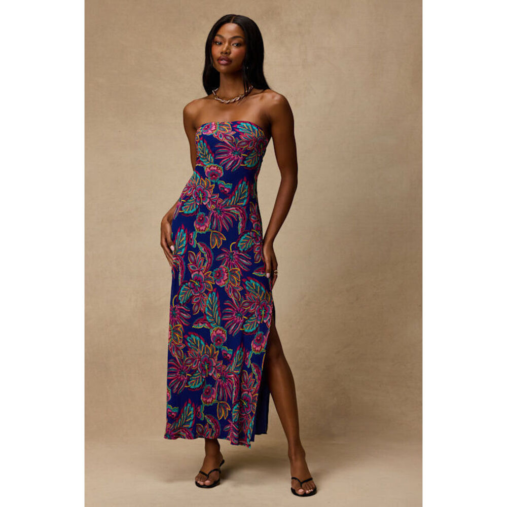 Lulus Sofia Blue Multi Boho Print Strapless Maxi Dress - Size S